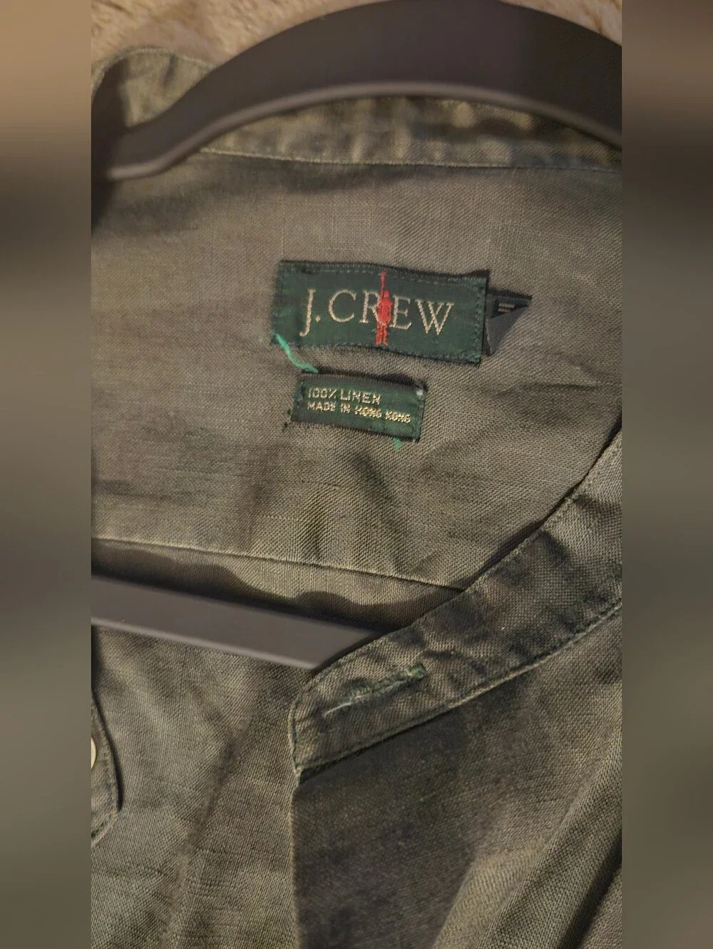 J.Crew Vintage 100% Linen Band Collar Shirt Men's Large Tall L Olive Green
